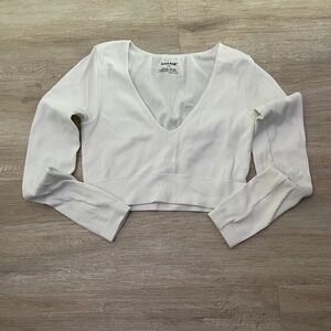 Garage White Ribbed V-Neck Crop Top